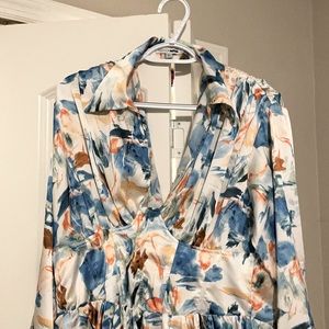 Fashion Nova Satin Flow Romper w/ Open Back Design